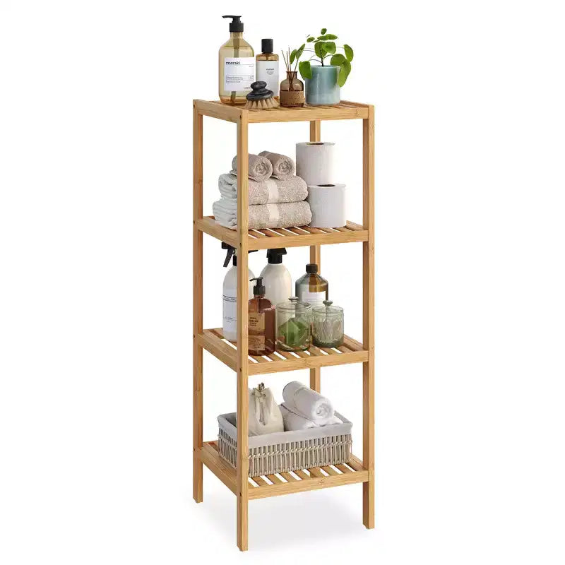 Scaffale a 4 ripiani in bambù, mobile portaoggetti alto 98 cm, ingombro salvaspazio 33x33 cm, 4 ripiani regolabili, per bagno, cucina, balcone