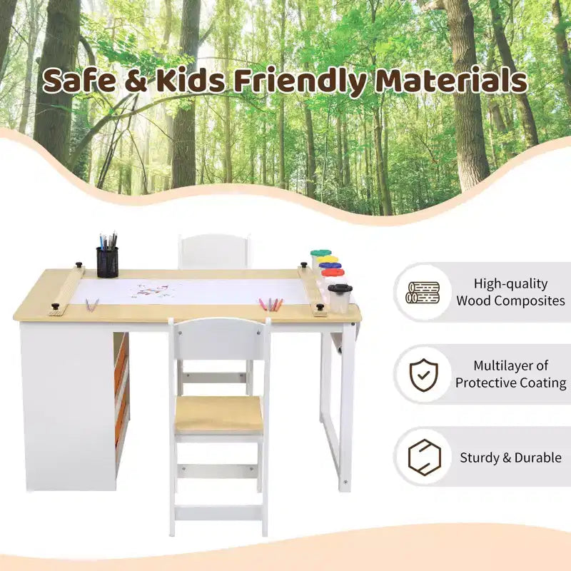 Tavolo e Sedia da Disegno per Bambini 4 in 1, Scrivania Artigianale per Bambini con Ampio Spazio per l'Organizzazione e Organizer Portatile per Materiali Artistici, Tavolo da Disegno, Attività e Studio per Bambini