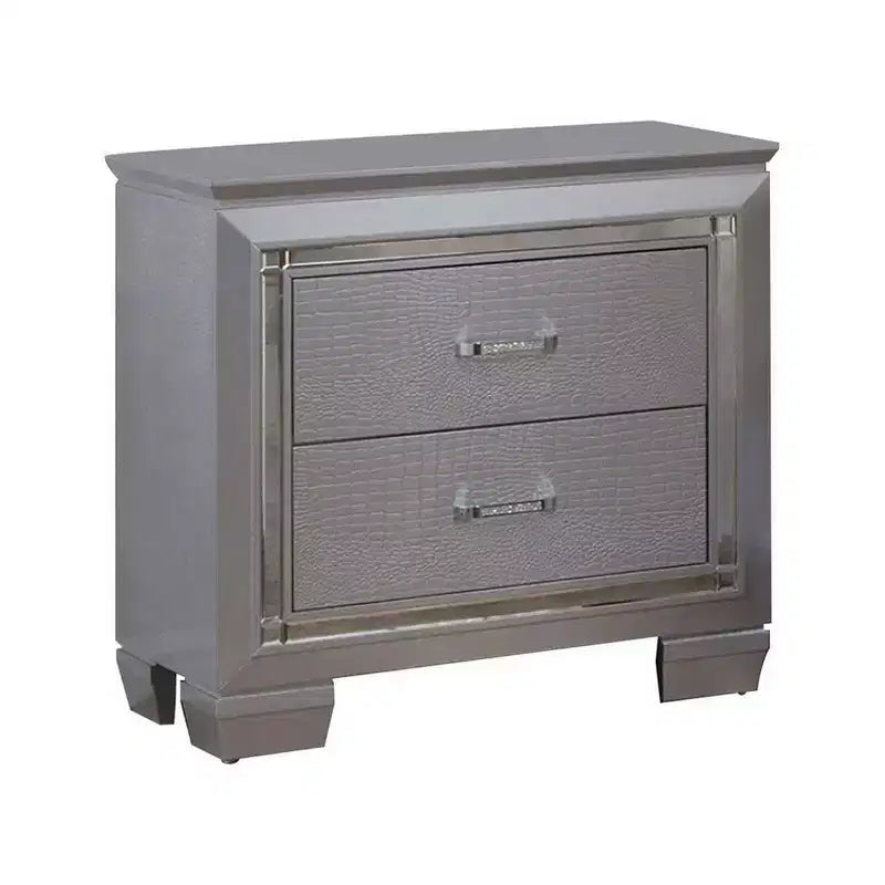 Comodino a 2 cassetti Royal Hampton in legno con dettagli a rilievo in trama, grigio