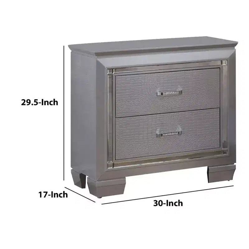 Comodino a 2 cassetti Royal Hampton in legno con dettagli a rilievo in trama, grigio