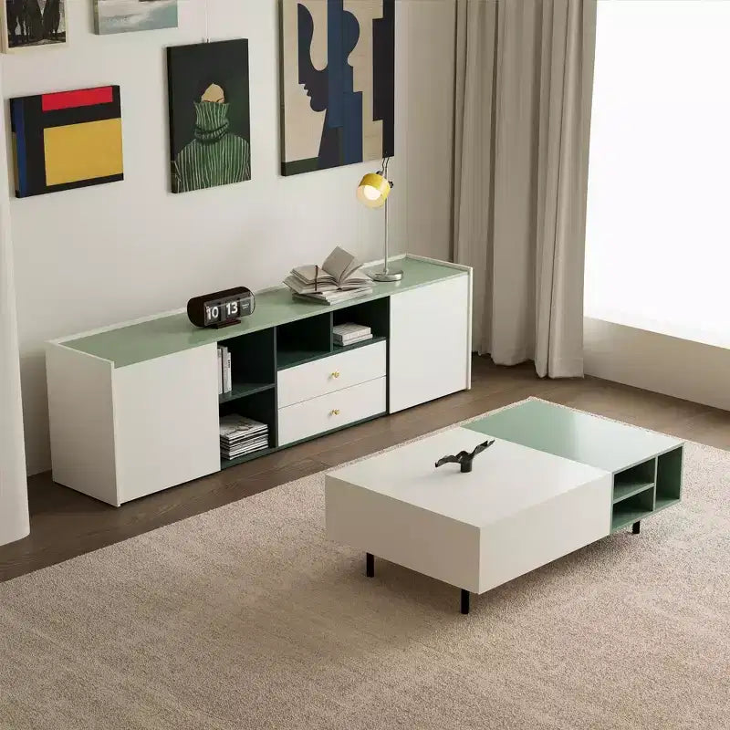 Tavolino da salotto Luck Live Moderno con 2 cassetti, design bicolore, ripiani aperti, maniglia nascosta e gambe in metallo