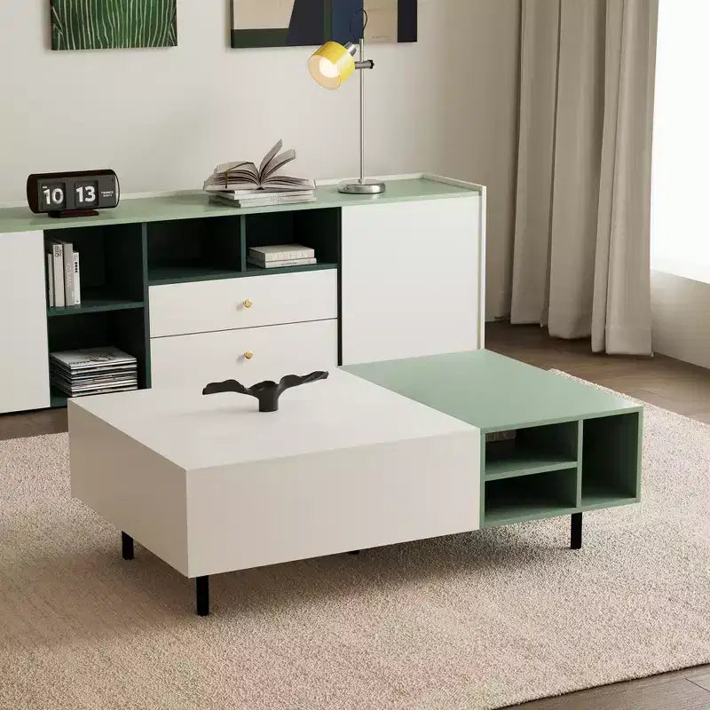 Tavolino da salotto Luck Live Moderno con 2 cassetti, design bicolore, ripiani aperti, maniglia nascosta e gambe in metallo