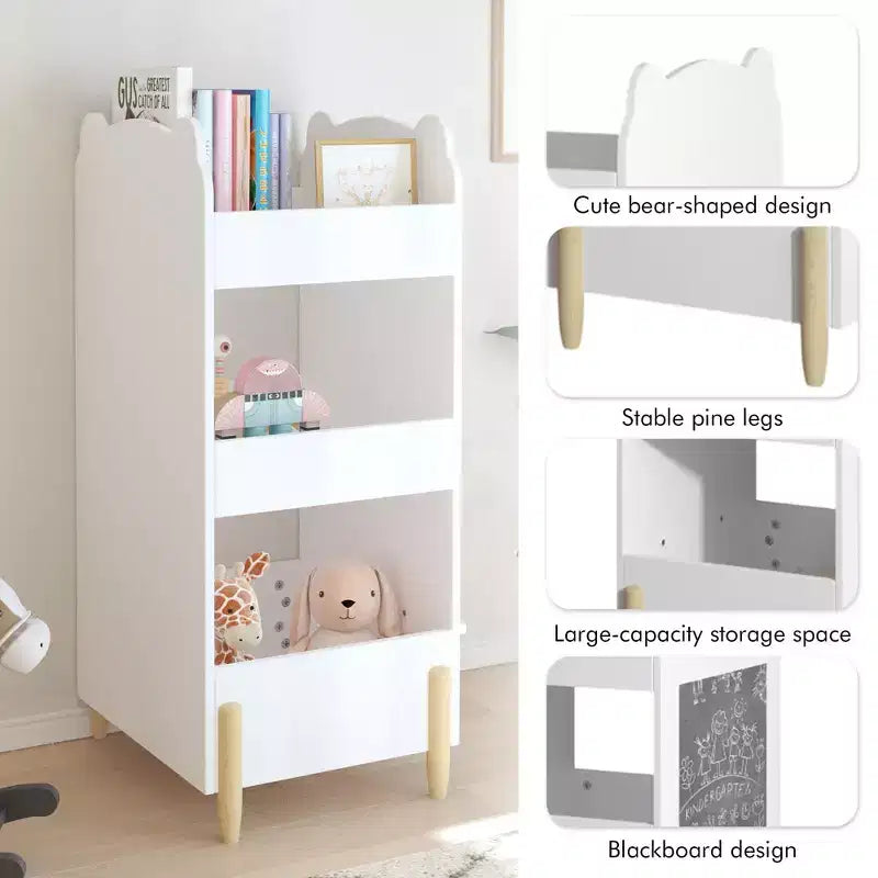 Libreria per bambini in legno a forma di orso Homy Casa con lavagna laterale e 3 ripiani aperti, bianca