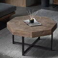 Octagonal Coffee Table, Vintage Patchwork Wood Side Table, Farmhouse Sofa Table with Cross Metal Legs for Living Room, Reception Room