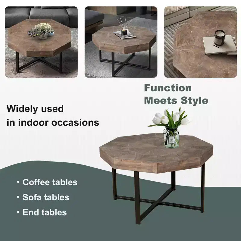 Tavolino Ottagonale da Caffè, Tavolino Laterale Vintage in Legno Patchwork, Tavolino da Divano in Stile Rustico con Gambe Metalliche Incrociate per Soggiorno, Sala d'Aspetto