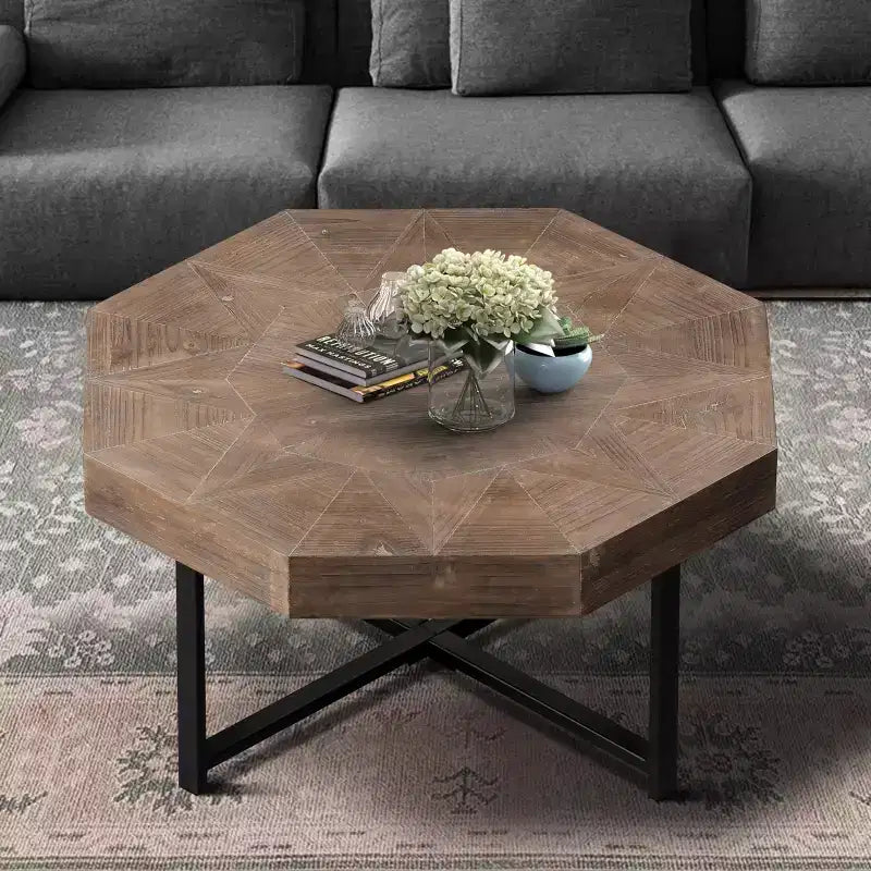 Tavolino Ottagonale da Caffè, Tavolino Laterale Vintage in Legno Patchwork, Tavolino da Divano in Stile Rustico con Gambe Metalliche Incrociate per Soggiorno, Sala d'Aspetto
