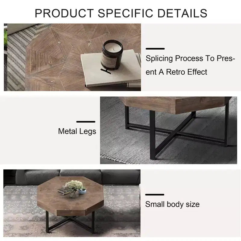 Tavolino Ottagonale da Caffè, Tavolino Laterale Vintage in Legno Patchwork, Tavolino da Divano in Stile Rustico con Gambe Metalliche Incrociate per Soggiorno, Sala d'Aspetto