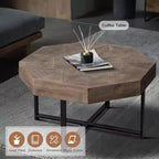 Tavolino Ottagonale da Caffè, Tavolino Laterale Vintage in Legno Patchwork, Tavolino da Divano in Stile Rustico con Gambe Metalliche Incrociate per Soggiorno, Sala d'Aspetto