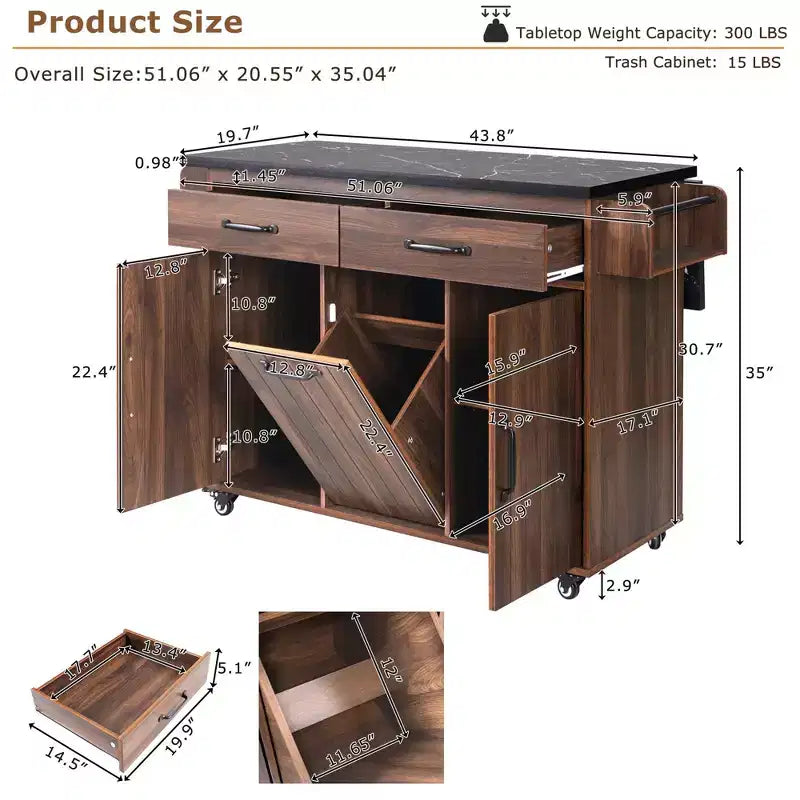 Isola da cucina Pexfix con mobiletto per pattumiera Carrello da cucina con anta a ribalta, portaspezie, portasciugamani e cassetto con ripiano regolabile, noce