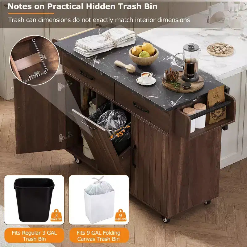 Isola da cucina Pexfix con mobiletto per pattumiera Carrello da cucina con anta a ribalta, portaspezie, portasciugamani e cassetto con ripiano regolabile, noce