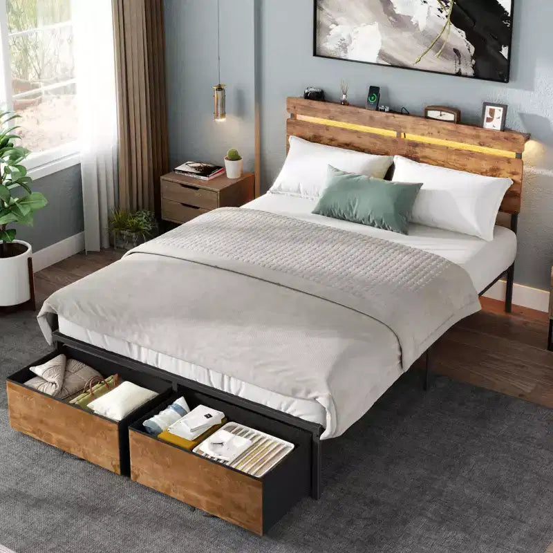 Struttura letto matrimoniale con stazione di ricarica e luci LED, in metallo marrone vintage, con testiera contenitore, 2 cassetti, nessuna rete a molle necessaria