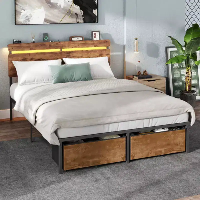 Struttura letto matrimoniale con stazione di ricarica e luci LED, in metallo marrone vintage, con testiera contenitore, 2 cassetti, nessuna rete a molle necessaria