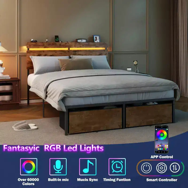 Struttura letto matrimoniale con stazione di ricarica e luci LED, in metallo marrone vintage, con testiera contenitore, 2 cassetti, nessuna rete a molle necessaria