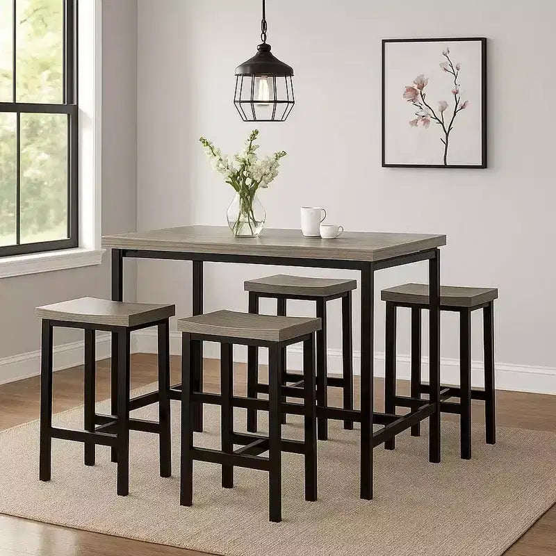 Royal Hampton 5 Piece Wooden Counter Height Table Set In Natural Brown And Black