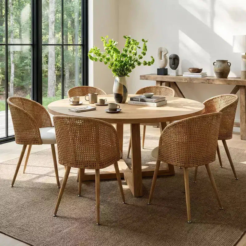Upholstered Rattan Dining Chairs Set of 6/8, Armless Linen Barrel Kitchen Chairs with Curved Cane Back and Wood-Look Metal Legs - Panipeachy