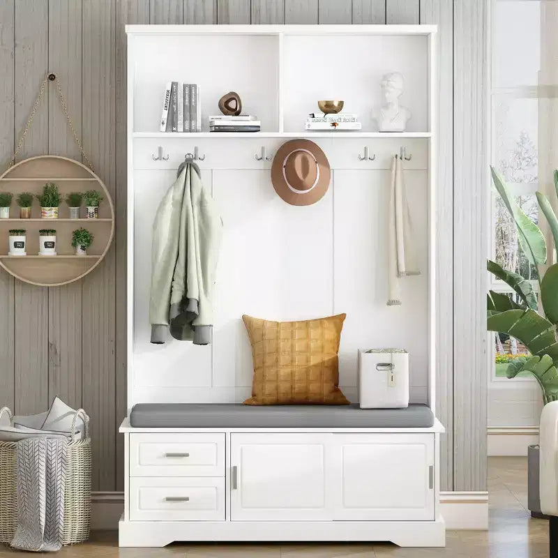 Okak Elegant Hall Tree with Sliding Doors and 6 Silvery Hooks, Coat Rack with Cushion Bench Cabinet and Shoe Storage for Hallway, Living Room, White