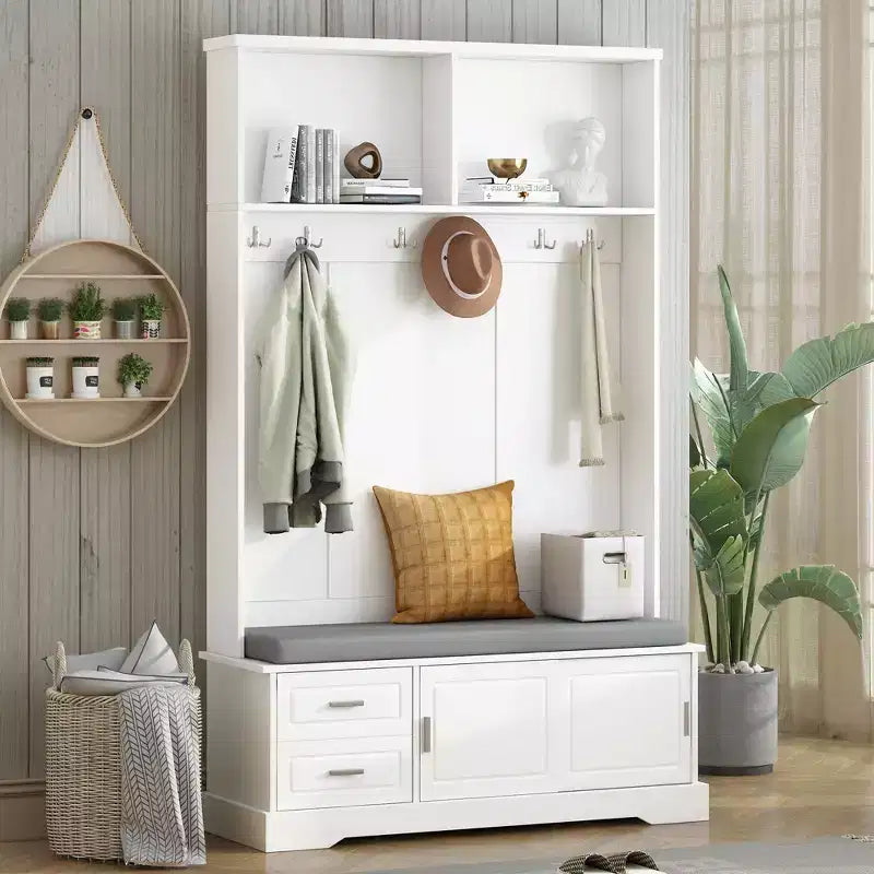 Okak Elegant Mobile Guardaroba con Ante Scorrevoli e 6 Ganci Argentati, Appendiabiti con Panca Imbottita e Scarpiera per Ingresso, Soggiorno, Bianco