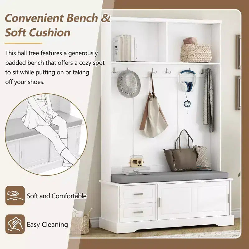 Okak Elegant Mobile Guardaroba con Ante Scorrevoli e 6 Ganci Argentati, Appendiabiti con Panca Imbottita e Scarpiera per Ingresso, Soggiorno, Bianco