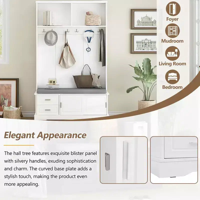 Okak Elegant Mobile Guardaroba con Ante Scorrevoli e 6 Ganci Argentati, Appendiabiti con Panca Imbottita e Scarpiera per Ingresso, Soggiorno, Bianco