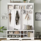 Okak Modern Hall Tree with 6 Metal Hooks and Ample Storage, Coat Rack with Shoe Cubbies and Bench, Coat Tree for Living Room, Entryway, White