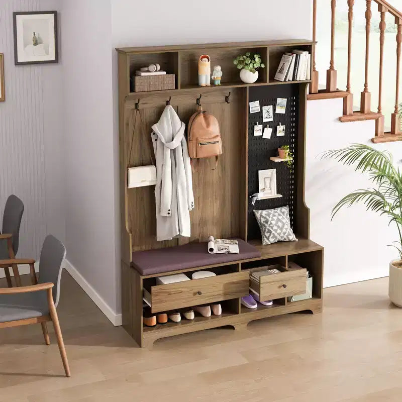 Okak Multi-Purpose Hall Tree with Removable Linen Cushioned Bench, Coat Rack with 4 Hooks, Storage Shelves and DIY Pegboard for Hallway, Brown