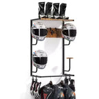 Wooden Motorcycle Helmet Holder C Wall-Mounted Rustic Shelf with 4 Hat Stands, 4 Hooks & 4 Glove Clips for Gear Storage