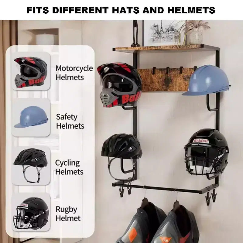 Supporto in Legno per Casco da Moto a Muro, Scaffale Rustico con 4 Supporti per Cappelli, 4 Ganci e 4 Clip per Guanti per Organizzare l'Attrezzatura