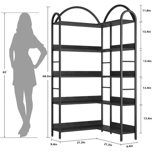 Libreria angolare a 5 ripiani a forma di L, libreria industriale ad arco con struttura in metallo, scaffale espositivo Etagere per soggiorno, camera da letto, ufficio, biblioteca