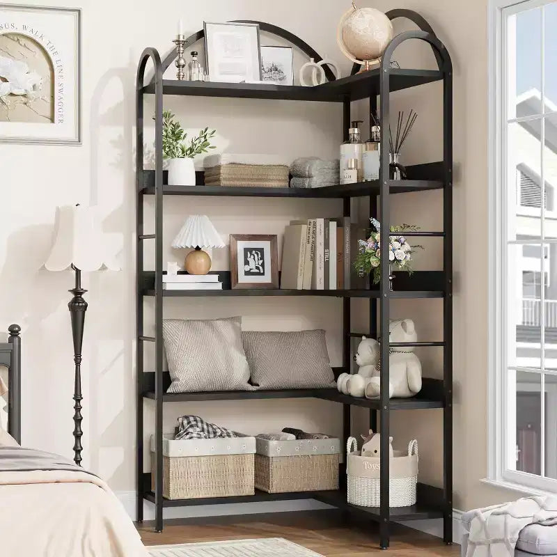 5-Tier L-Shaped Corner Bookshelf, Industrial Arched Bookcase With Metal Frame, Etagere Display Rack for Living Room Bedroom Office Library