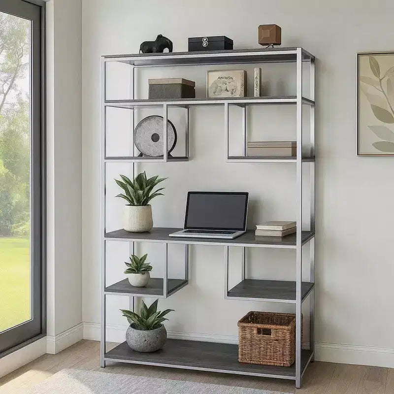 Royal Hampton Bookshelf with 7 Shelves and Geometric Pattern,Silver and Dark Gray