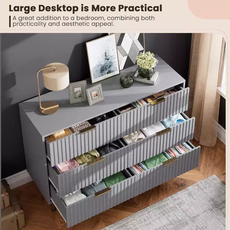 Credenza moderna con 6 cassetti profondi a coste e gambe in metallo, cassettiera organizer in legno, tavolino per camera da letto, soggiorno, corridoio, camera dei bambini