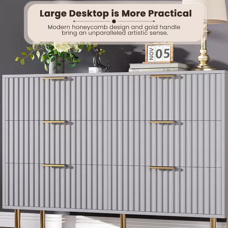 Credenza moderna con 6 cassetti profondi a coste e gambe in metallo, cassettiera organizer in legno, tavolino per camera da letto, soggiorno, corridoio, camera dei bambini