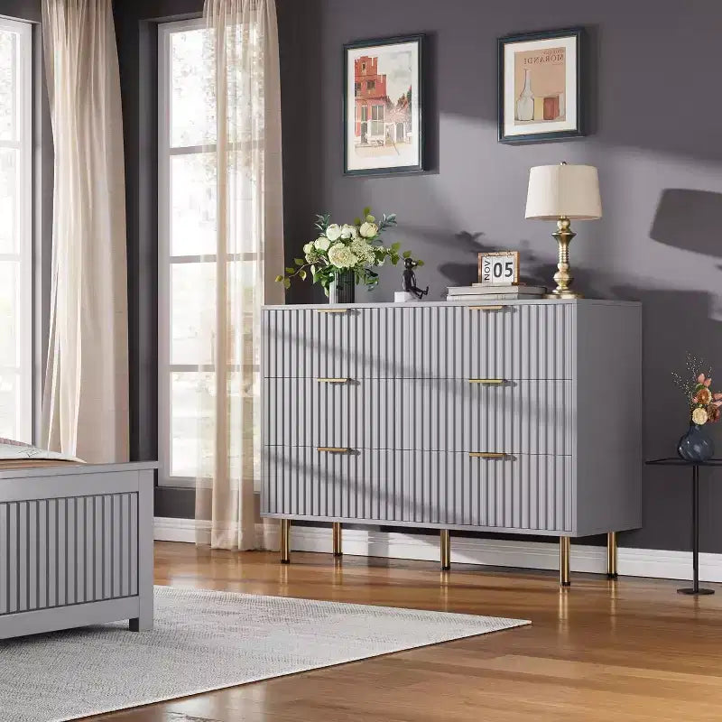 Credenza moderna con 6 cassetti profondi a coste e gambe in metallo, cassettiera organizer in legno, tavolino per camera da letto, soggiorno, corridoio, camera dei bambini