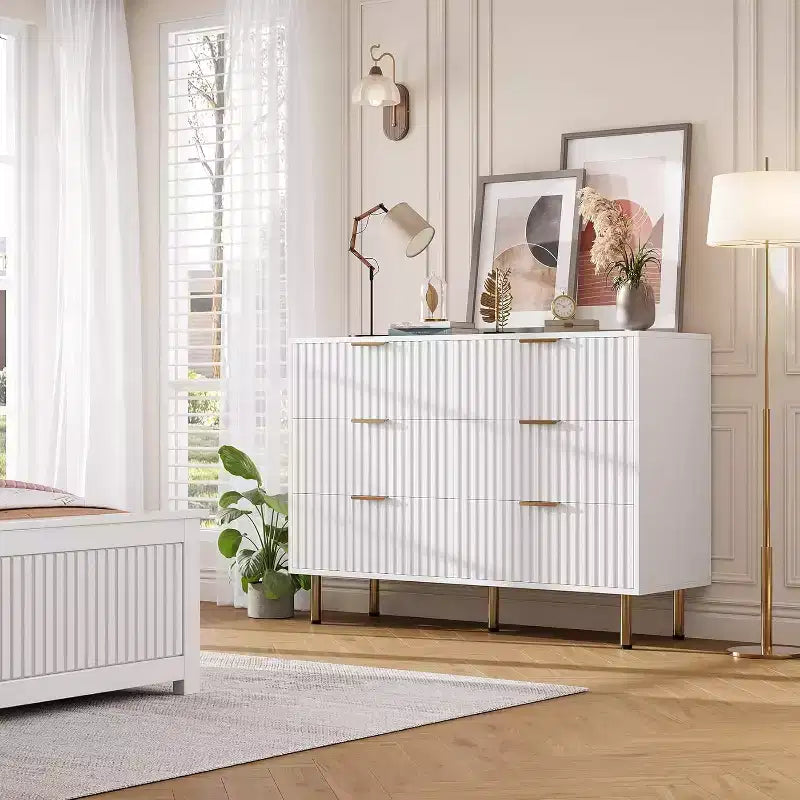 Credenza moderna con 6 cassetti profondi a coste e gambe in metallo, cassettiera organizer in legno, tavolino per camera da letto, soggiorno, corridoio, camera dei bambini