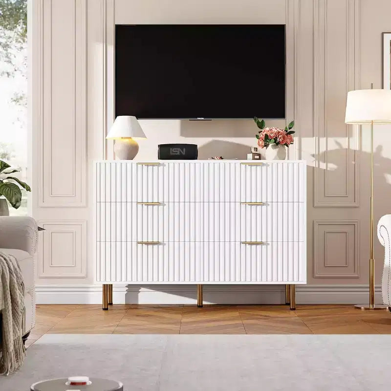 Credenza moderna con 6 cassetti profondi a coste e gambe in metallo, cassettiera organizer in legno, tavolino per camera da letto, soggiorno, corridoio, camera dei bambini