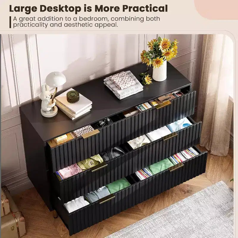 Credenza moderna con 6 cassetti profondi a coste e gambe in metallo, cassettiera organizer in legno, tavolino per camera da letto, soggiorno, corridoio, camera dei bambini