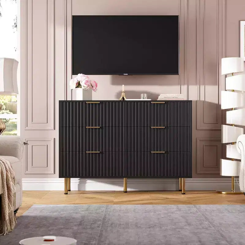 Credenza moderna con 6 cassetti profondi a coste e gambe in metallo, cassettiera organizer in legno, tavolino per camera da letto, soggiorno, corridoio, camera dei bambini