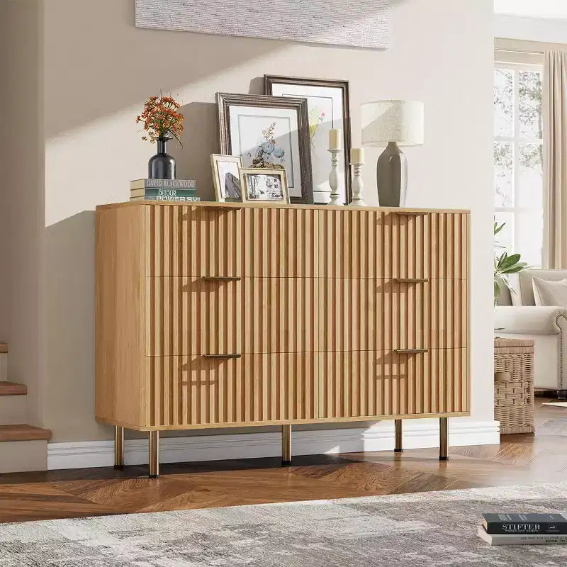 Credenza moderna con 6 cassetti profondi a coste e gambe in metallo, cassettiera organizer in legno, tavolino per camera da letto, soggiorno, corridoio, camera dei bambini