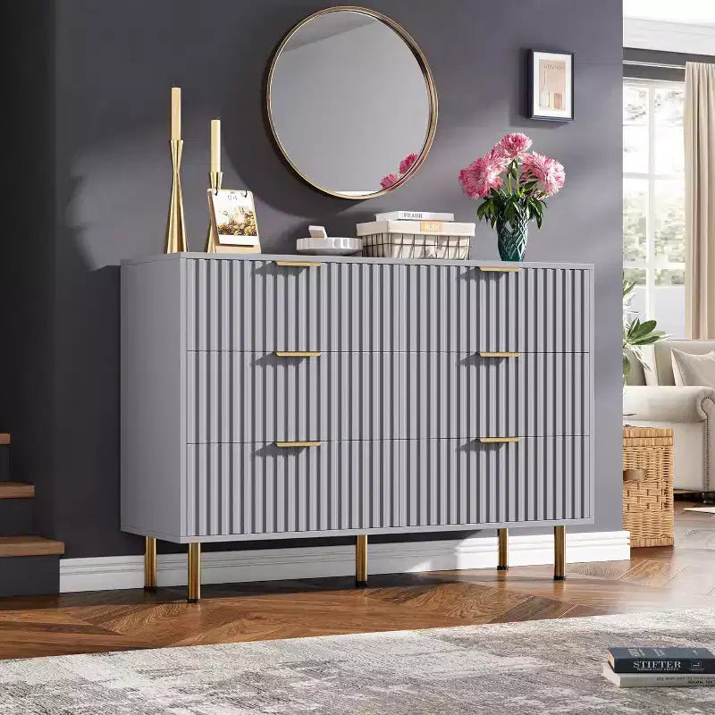 Credenza moderna con 6 cassetti profondi a coste e gambe in metallo, cassettiera organizer in legno, tavolino per camera da letto, soggiorno, corridoio, camera dei bambini