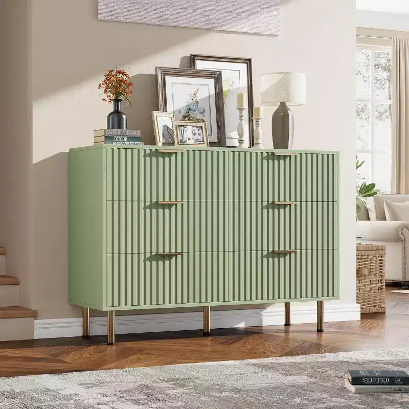 Credenza moderna con 6 cassetti profondi a coste e gambe in metallo, cassettiera organizer in legno, tavolino per camera da letto, soggiorno, corridoio, camera dei bambini