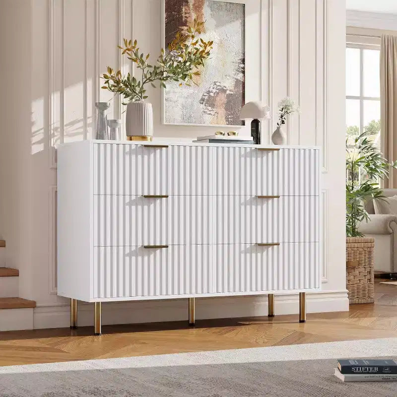 Credenza moderna con 6 cassetti profondi a coste e gambe in metallo, cassettiera organizer in legno, tavolino per camera da letto, soggiorno, corridoio, camera dei bambini