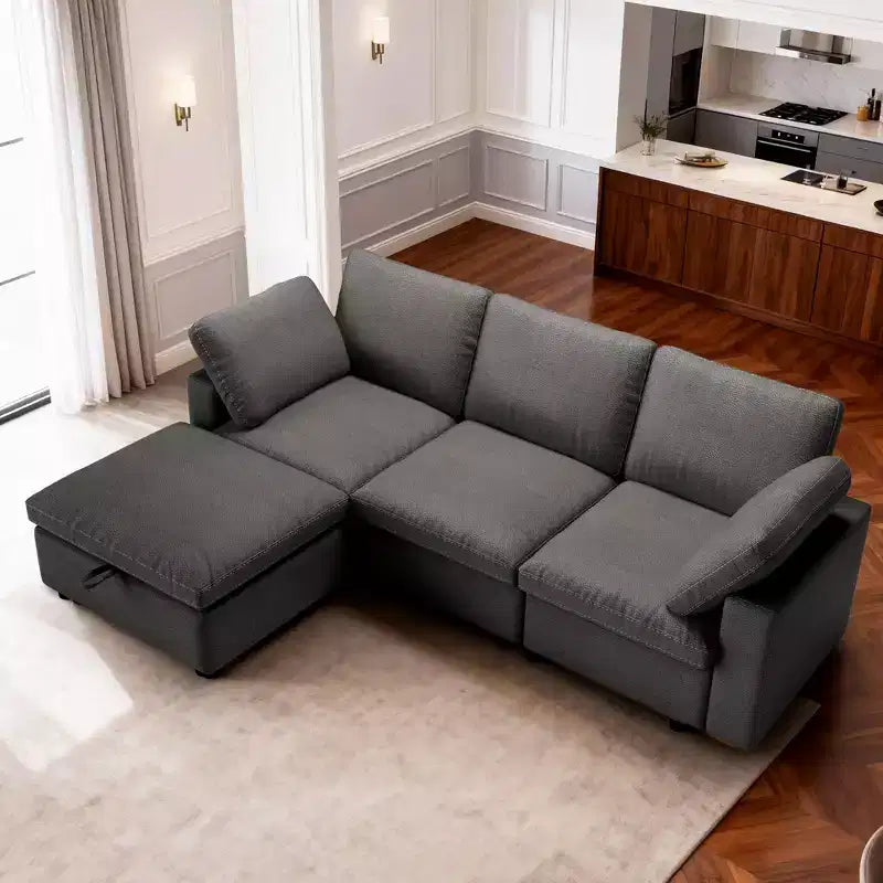Dyonery cat paw leather sofa, large combination sofa with storage stool, widened seat cushion, suitable for living room