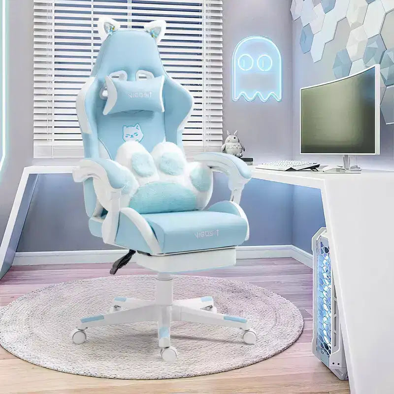 Okak Sedia Girevole da Gaming per Gatti Moderna e Carina con Cuscino Lombare a Zampa, Sedia da Lavoro Ergonomica Elevata Sedia da Computer per Adulti
