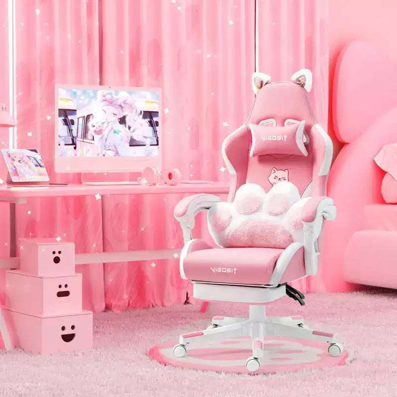 Okak Sedia Girevole da Gaming per Gatti Moderna e Carina con Cuscino Lombare a Zampa, Sedia da Lavoro Ergonomica Elevata Sedia da Computer per Adulti