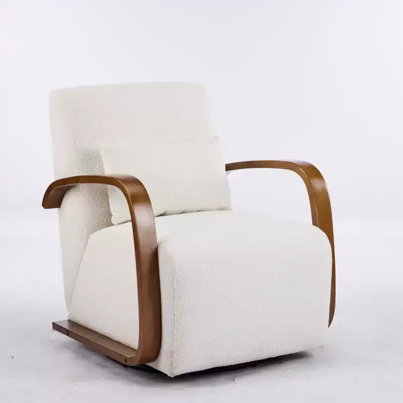 Poltrona girevole a 360° Zeus & Ruta in tessuto crema stile Mid-Century Modern con braccioli curvi in legno massello