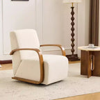 Poltrona girevole a 360° Zeus & Ruta in tessuto crema stile Mid-Century Modern con braccioli curvi in legno massello