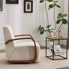 Poltrona girevole a 360° Zeus & Ruta in tessuto crema stile Mid-Century Modern con braccioli curvi in legno massello