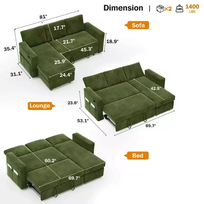 Dyonery divano letto estraibile a tre posti da 81 pollici, con contenitore e tasche laterali, schienale regolabile, divano letto convertibile, ciniglia