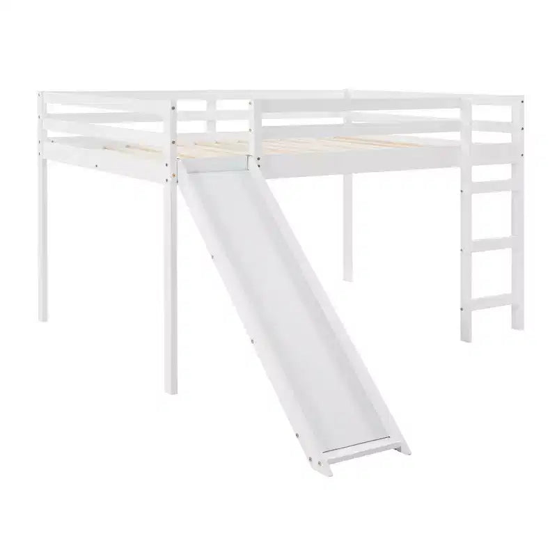 Whisen letto a soppalco con letto matrimoniale, struttura del letto con scivolo e sponda di sicurezza a tutta lunghezza, design multifunzionale - Bianco