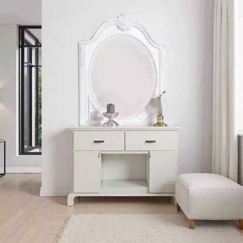 Royal Hampton Dresser Mirror, 42 Inch Carved Frame, Classic White Solid Wood